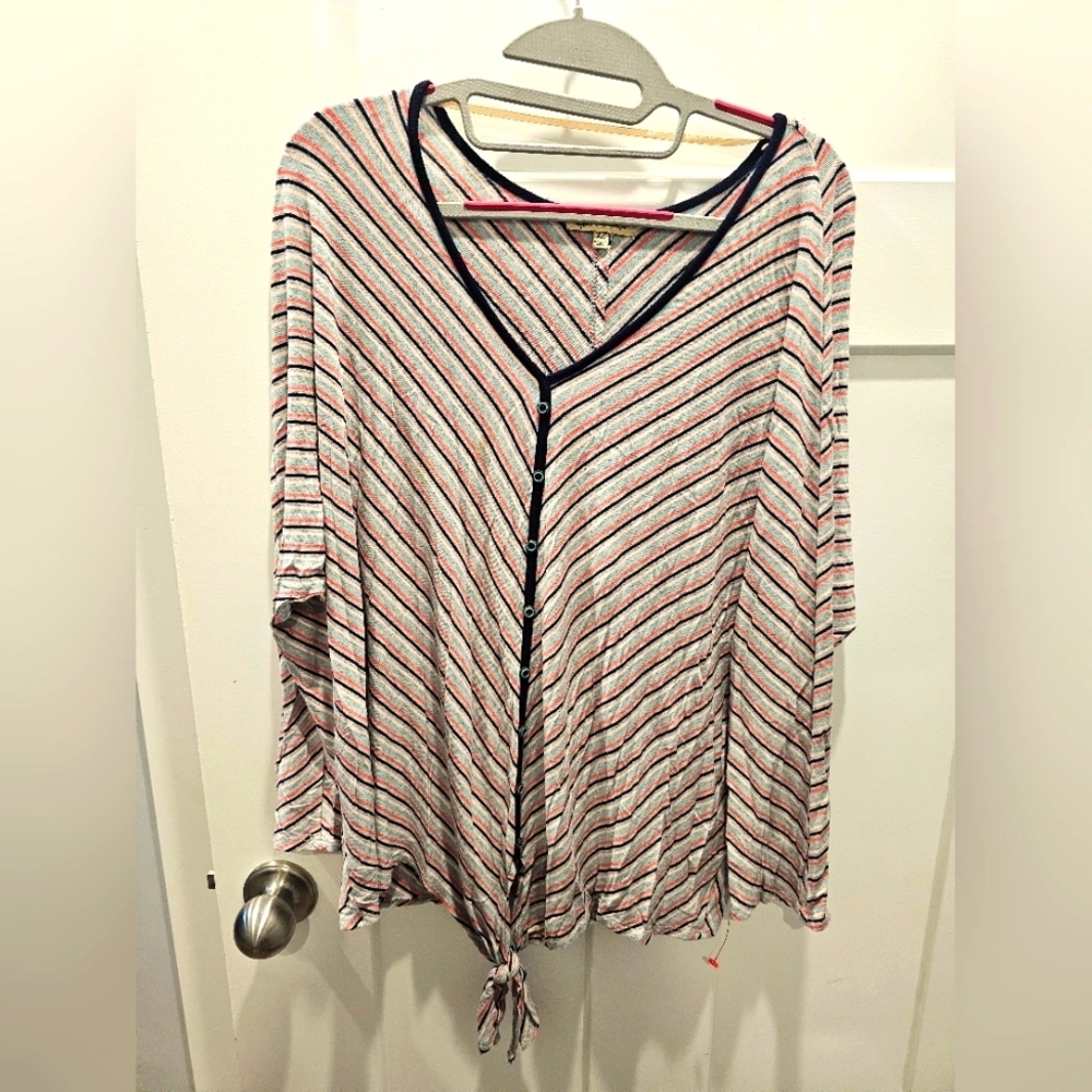 Democracy Tie Front Button Top Women’s XL Multicolor Striped V-Neck Blouse
